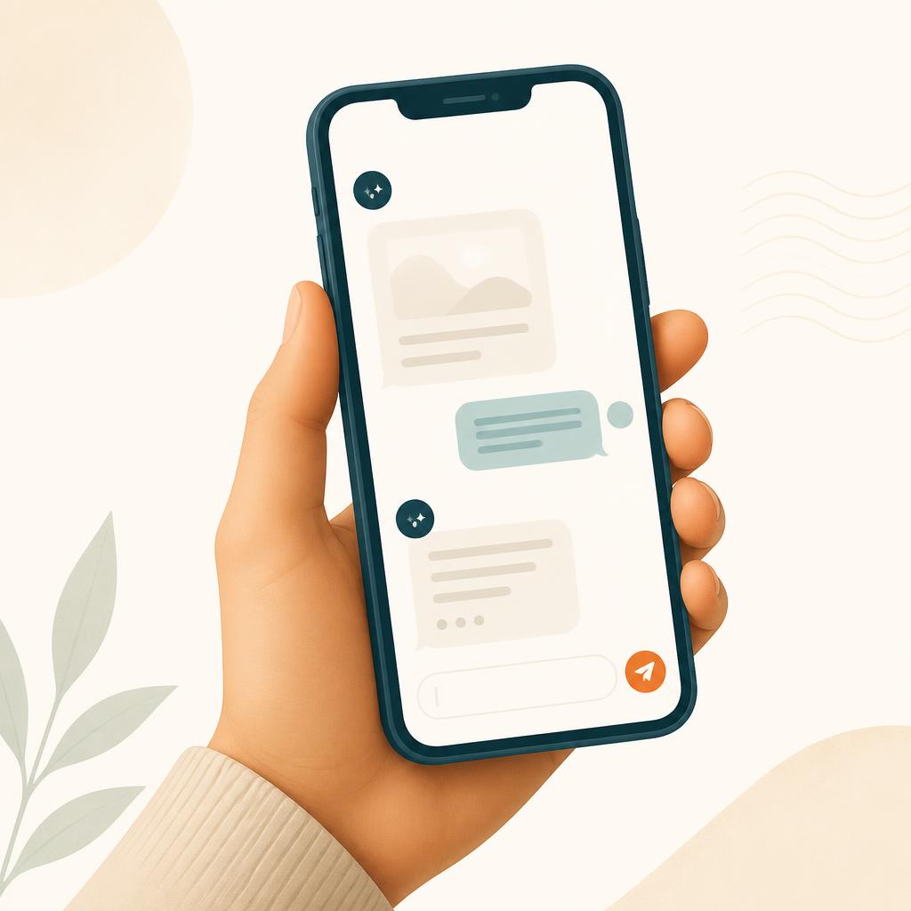 Mão segurando um celular com uma conversa de chat aberta com um assistente de IA.